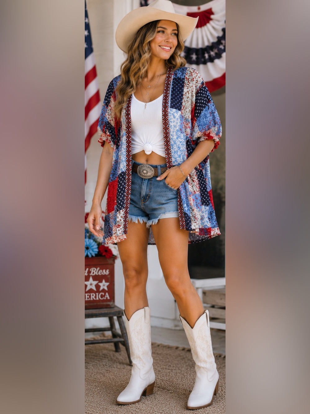 Ariat Smokestack Kimono Americana Patchwork July 4 Western Boho OS